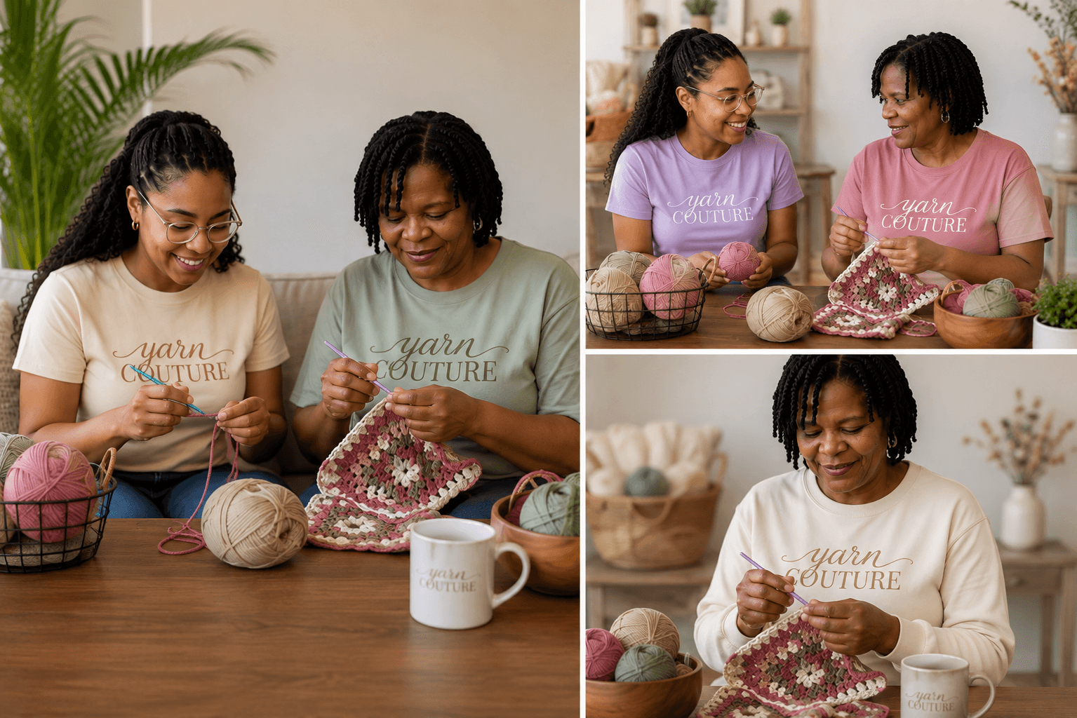 Two crocheters sharing yarn, tea, and a finished granny-square piece